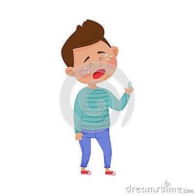 Little Boy Standing with Bandaged Finger and Crying Because of Pain Vector Illustration Vector Illustration