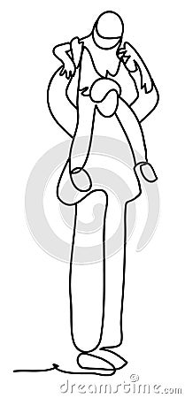 Little boy stretching out hands while his father carrying him on shoulders. Continuous line drawing. Isolated on the Vector Illustration