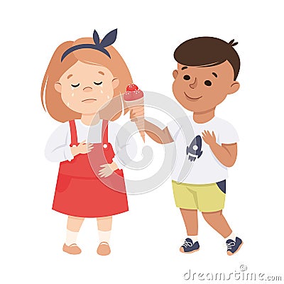 Little Boy Supporting and Comforting Crying Girl Sharing Ice Cream Vector Illustration Vector Illustration