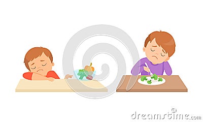 Little Boy at Table Showing Dislike and Disgust Towards Broccoli and Vegetable Vector Set Vector Illustration