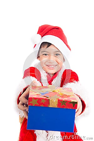 Little boy taking giving present on christmas time Stock Photo
