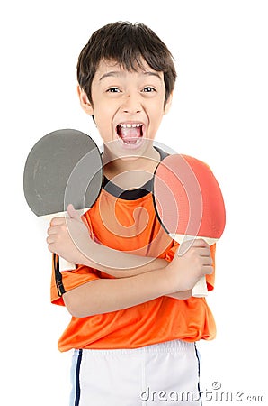 Little boy talking table tennis bat on white background Stock Photo