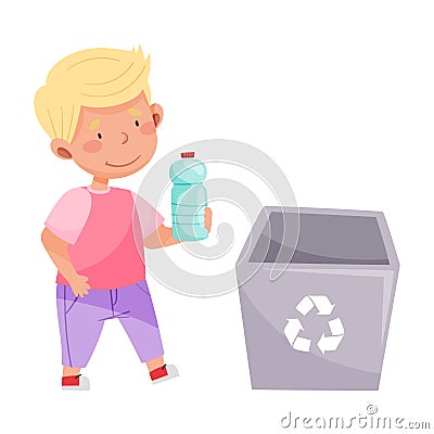 Little Boy Throwing Plastic Bottle in Trash Bin Vector Illustration Vector Illustration