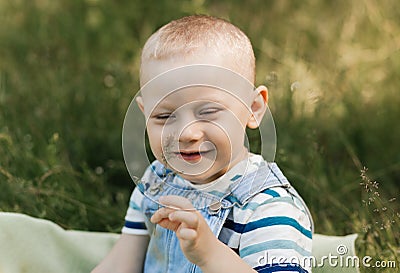 Little boy todler in nature in the summer. Portrait Stock Photo