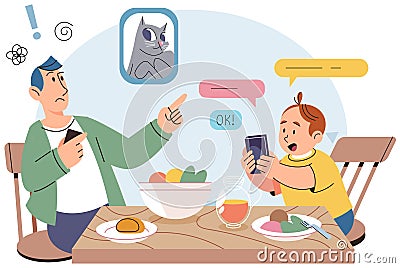 Little boy using tablet, child watching smartphone while eating at kitchen, internet addiction Vector Illustration