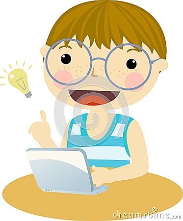 Little boy, very cute looking at computer Vector Illustration