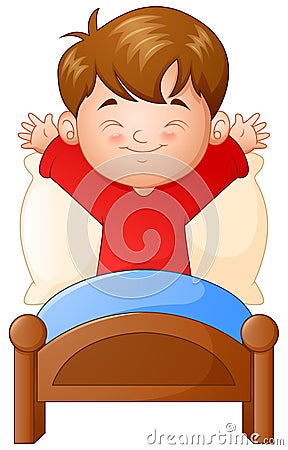 Little boy waking up in a bed on white background Vector Illustration