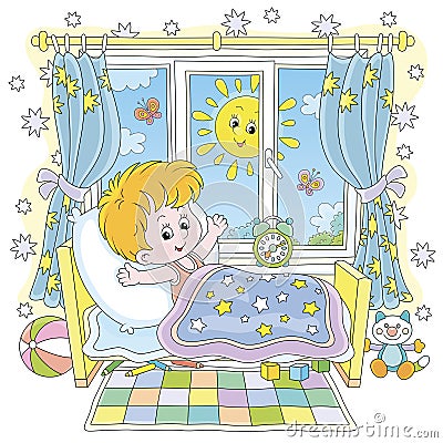 Little boy waking up on a bright sunny morning Vector Illustration