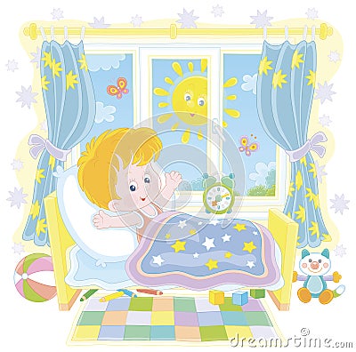 Little boy waking up on a bright sunny morning Vector Illustration