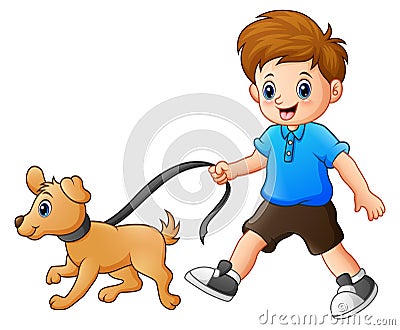 Little boy walking with his dog Vector Illustration