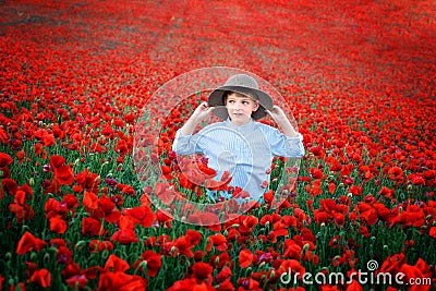 Little boy walking in poppy field. Very happ child boy in the cute hat in poppy field Stock Photo