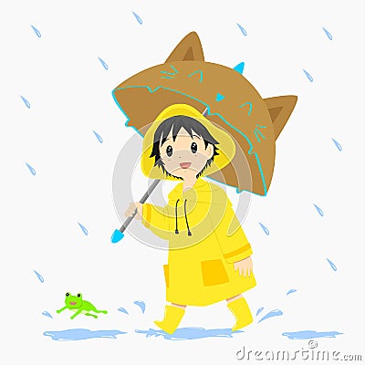 Little Boy Walking Under the Rain Vector Illustration