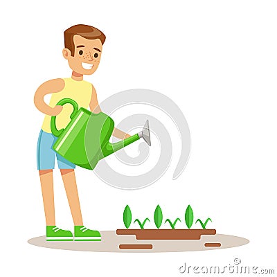 Little Boy Watering Garden Plant WIth Watering Can, Part Of Grandparents Having Fun With Grandchildren Series Vector Illustration