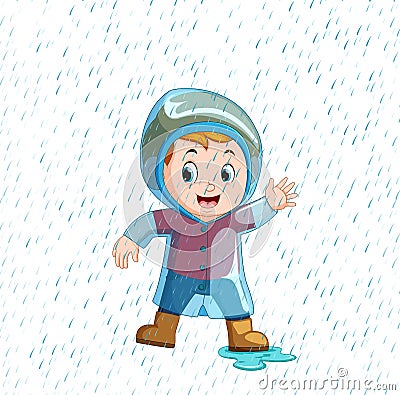 Little boy wearing blue raincoat and heavy rain Vector Illustration