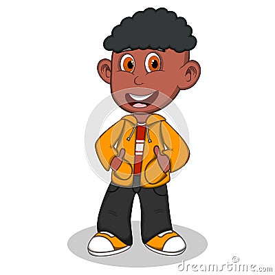 Little boy wearing a yellow jacket and black trousers style cartoon Vector Illustration