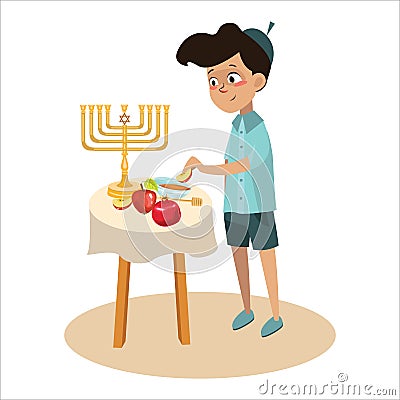 Little boy in yarmulke eat apple with honey, Jewish children dipping apple slices into honey on Rosh HaShanah. Happy Vector Illustration