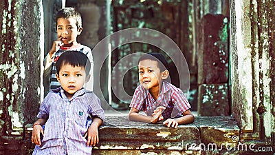 Little boys in Angkor Wat Editorial Stock Photo