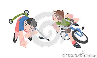 Little boys falling down from kick scooter and bicycle cartoon vector illustration Vector Illustration