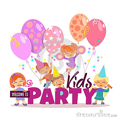 Little boys and girls celebrating.Kids party invitation Vector Illustration