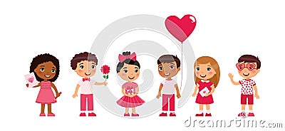 Little boys and girls dating, celebrating Valentines Day flat vector illustration. Young girlfriends and boyfriends isolated carto Vector Illustration