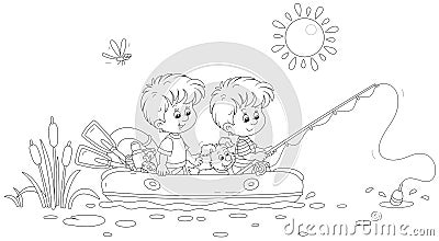 Little boys in an inflatable boat fishing in a lake Vector Illustration