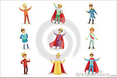 Little Boys In Prince Costume With Crown And Mantle Set Of Cute Kids Dressed As Royals Illustrations Vector Illustration