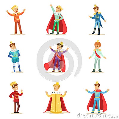 Little Boys In Prince Costume With Crown And Mantle Set Of Cute Kids Dressed As Royals Illustrations Vector Illustration