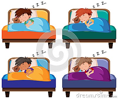 Little boys sleeping on beds Vector Illustration