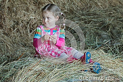 Little braided girl wearing dress and gum boots sitting in country farm hayloft on dried loose grass hay Stock Photo
