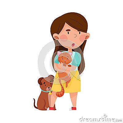 Little Brave Girl Holding Cat in Arms Protecting from Hooligan Vector Illustration Vector Illustration