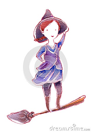 Little brave witch standing on flying broom Cartoon Illustration