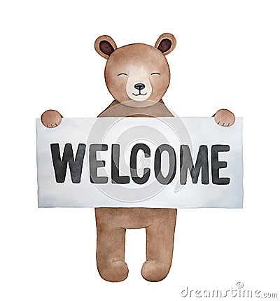 Little brown teddy bear holding note with message: `Welcome`. Stock Photo