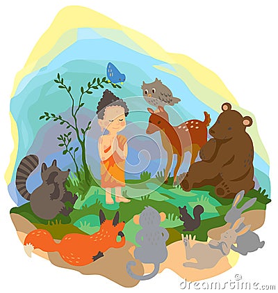 A little buddha is preaching truth to animals in t Vector Illustration