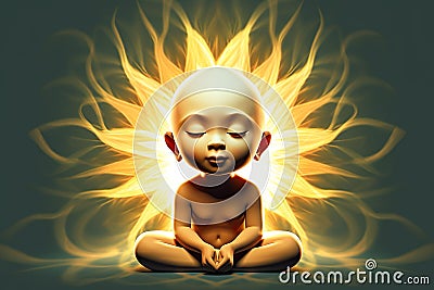 Little Buddha on Sun, Child Yoga at sunset. Prana illustration Generative AI Stock Photo