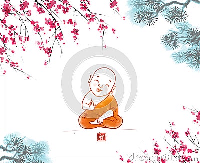 Little buddist monk in orange robe under sakura blooming tree and pine tree branches. Traditional oriental ink painting Vector Illustration
