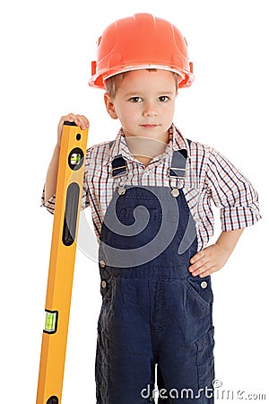 Little builder with liquid level Stock Photo