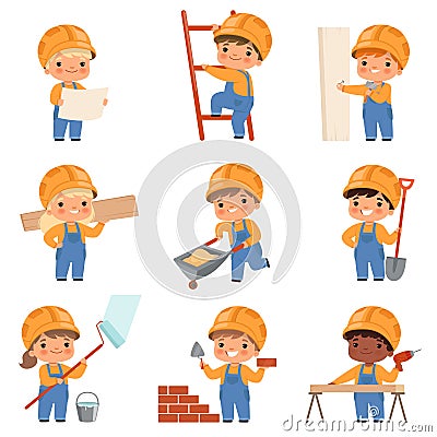 Little builders. Childrens with construction tools making job working builders in yellow helmet vector characters Vector Illustration