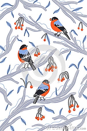 Little bullfinch birds outside my winter window, vector illustration Vector Illustration