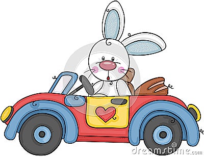 Little bunny driving a small car Vector Illustration