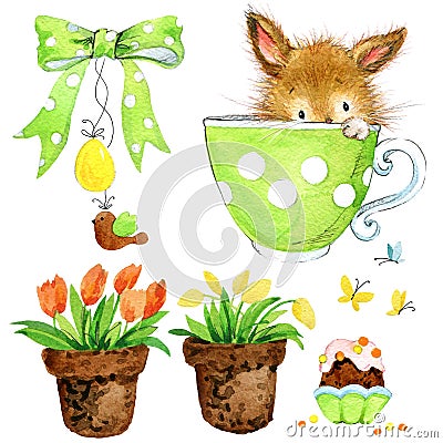 Little bunny and garden tools, nesting box, flowers. watercolor illustration Stock Photo