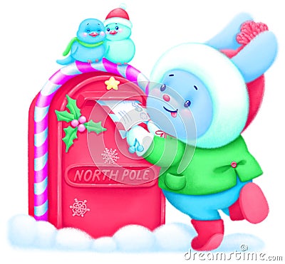 A little bunny sends a letter to Santa Clause. Cartoon Illustration