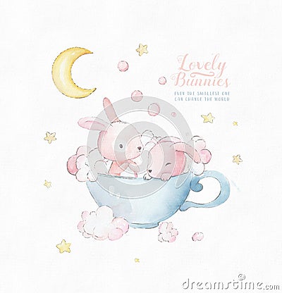 Little Bunny Takes Baths in a Cup. Cute watercolor cartoon hand drawn print can be used for t-shirt print, kids wear Stock Photo