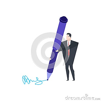 Little Businessman and Big Pen. Write signature for documents. Vector Illustration