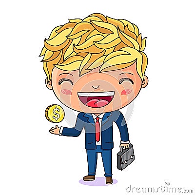 Little businessman with a briefcase and a coin in his hand Vector Illustration