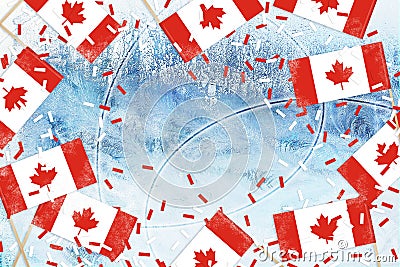 Little canadian flags and confetti on ice rink background with copy space. Congratulations to Canadian athletes on their victory Stock Photo