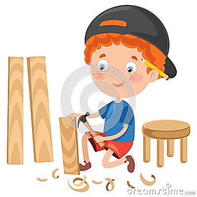 Little Cartoon Carpenter Working With Woods Vector Illustration