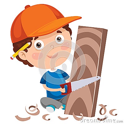 Little Cartoon Carpenter Working With Woods Vector Illustration