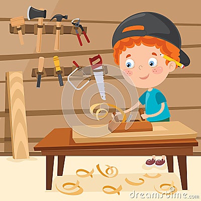 Little Cartoon Carpenter Working With Woods Vector Illustration