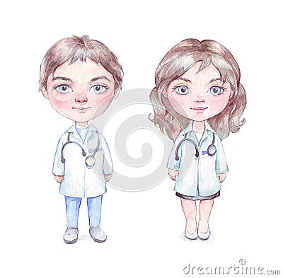 Little cartoon doctors watercolor Stock Photo