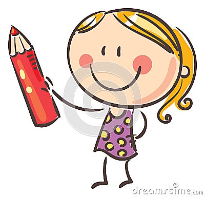 Little cartoon girl holding pencil. Kid creative activities clipart, isolated on white, vector illustration Vector Illustration